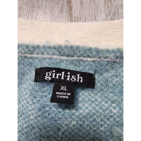 Girlish Heart Bow Cardigan Sweater Blue Cream Button Up Soft Knit Womens XL GUC - Picture 4 of 11